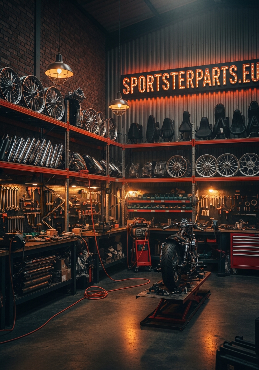 Interior del taller SportsterParts con estanterías de piezas Harley Sportster